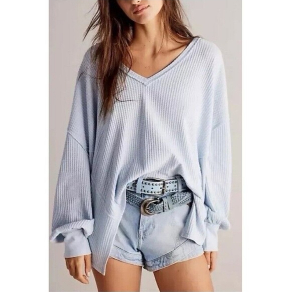 Free People We The Free Coraline Thermal Waffle Knit Dewshine Blue Size Large